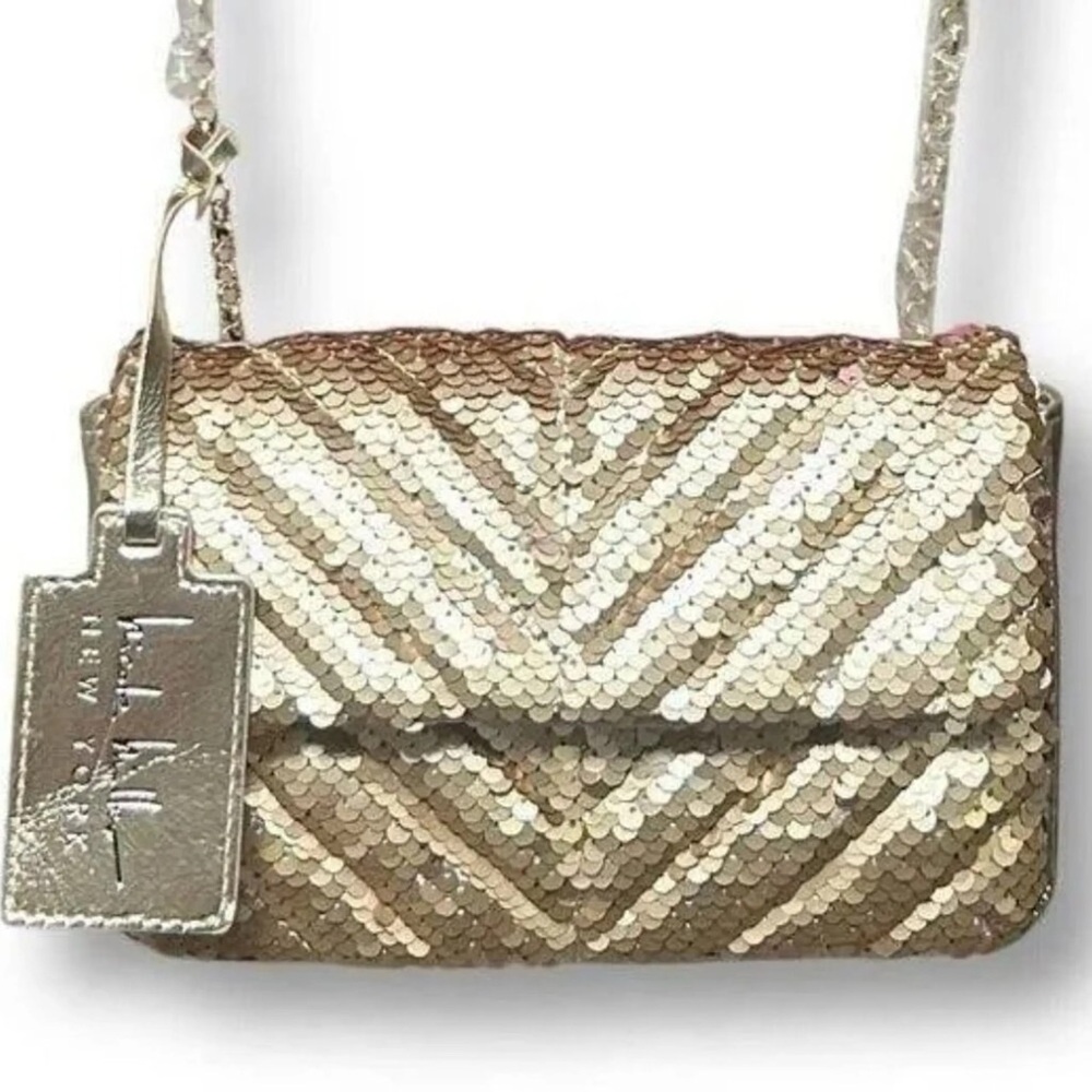 Nicole Miller NWT Gold Sequin Chevron Handbag